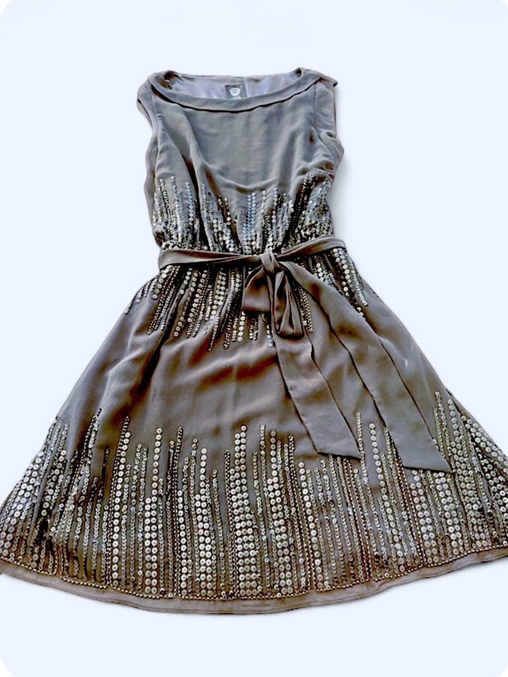 Vince Camuto Grey Sequin Chiffon Sleeveless Mini Dress sz 6